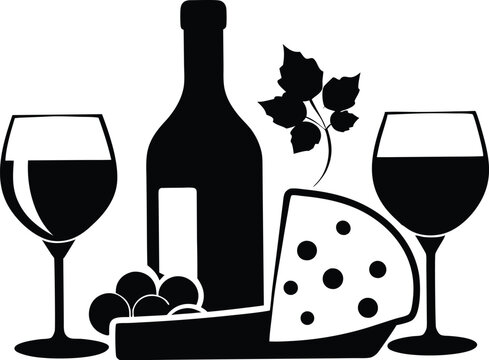black wine bottle, glasses, cheese, grapes clip art preview