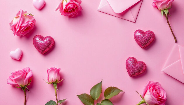 Rosas rosadas y corazones rosados ​​brillantes con sobres rosados ​​sobre un fondo rosa