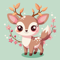 Cute Cartoon Deer with Cherry Blossoms in Kawaii Style

