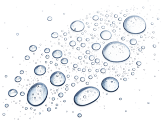 A collection of transparent water or gel droplets scattered on a white background, perfect for backgrounds, advertising, and design elements