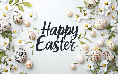 Fototapeta premium Elegant calligraphy banner with text Happy Easter on a delicate pearl white background