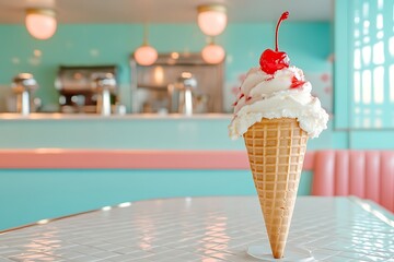 Delicious ice cream cone with cherry stands on table in pastel colored diner
