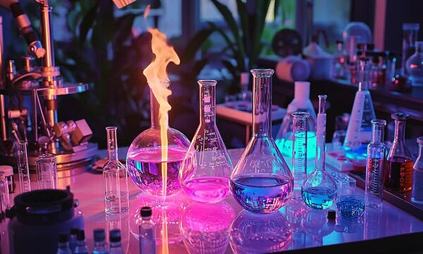 Colorful laboratory scene with glowing glassware and flames in action