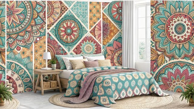 Bohemian Bedroom Wallpaper, Dreamy Patchwork Design, Interior Design,  Aesthetic Room Decor,  Boho Chic Bedroom