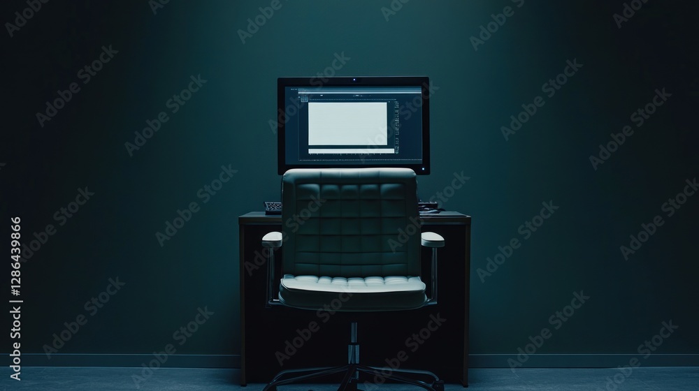 Poster dark office setup with computer and chair ready for work