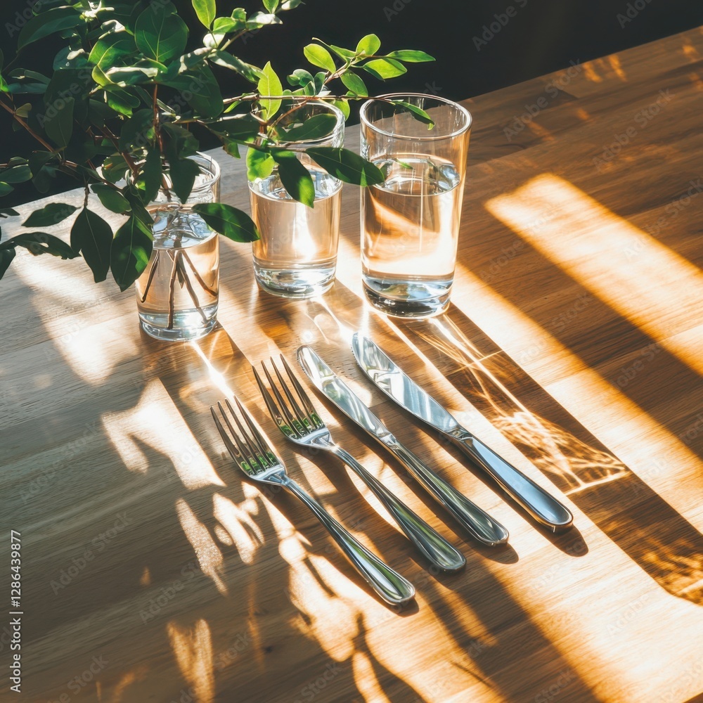 Aufkleber ecoconscious flatware display on rustic dining table gentle light filtering through leaves inviting 