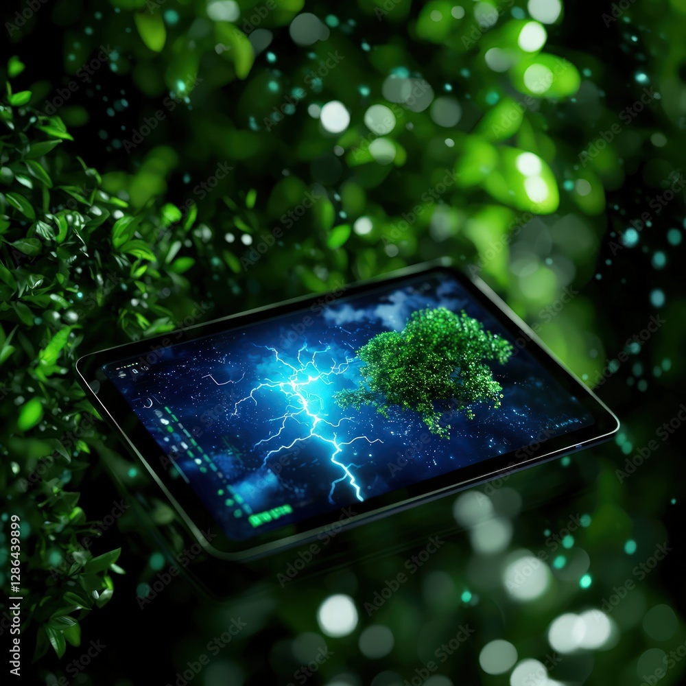 Poster digital tablet displaying electric tree amidst lush greenery and bokeh effects