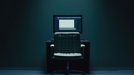 Dark Office Setup with Computer and Chair Ready for Work