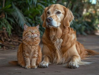 A golden retriever and an orange cat explore a lush, green forest. , isolated on white background,  , copy space, copy space for text,