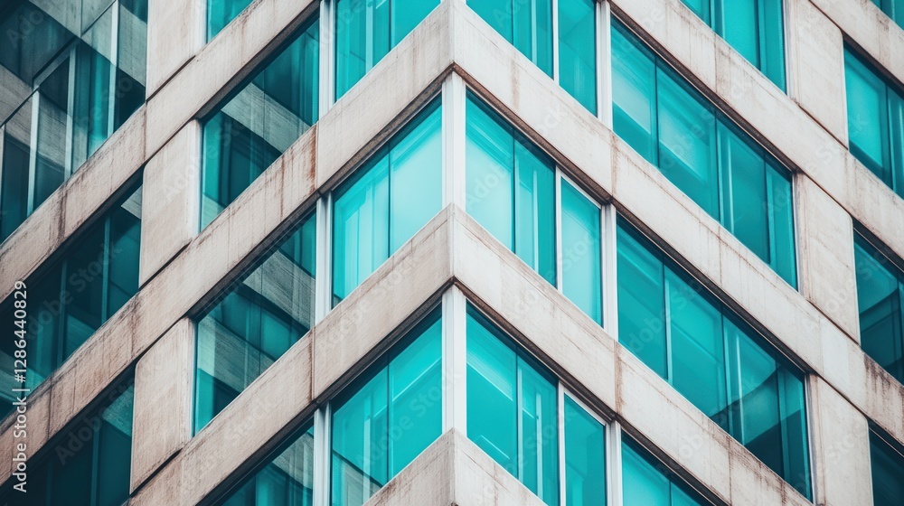Poster modern architecture building corner with blue windows and concrete frame
