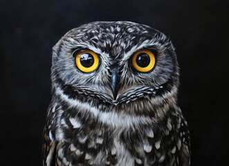 Obraz premium ultra-photorealistic portrait of an owl, front view, yellow eyes, black background, high resolution, high detail, high quality, high sharpness, 