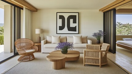 Bright Living Room Interior with Wicker Furniture and Modern Artwork