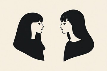 Two young women looking at each other in profile view, minimalist black and white illustration