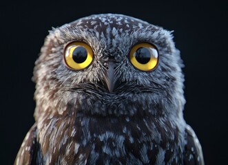 ultra-photorealistic portrait of an owl, front view, yellow eyes, black background, high resolution, high detail, high quality, high sharpness, 