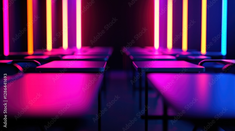 Poster empty tables under neon lights in vibrant colors creating a modern atmosphere