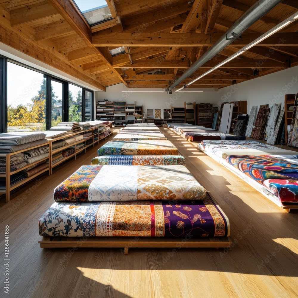 Poster vibrant recycled textiles display well-lit studio fabric patterns and textures modern environment an
