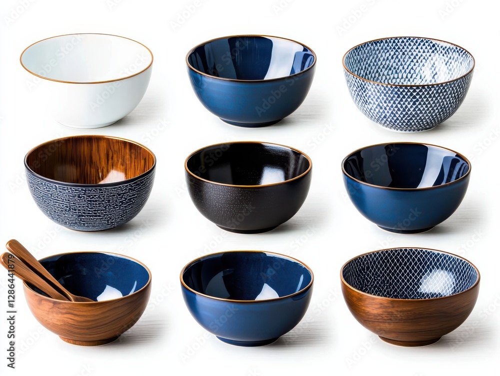 Poster versatile dinnerware sets showcased on a wooden table in soft natural light from an overhead perspec