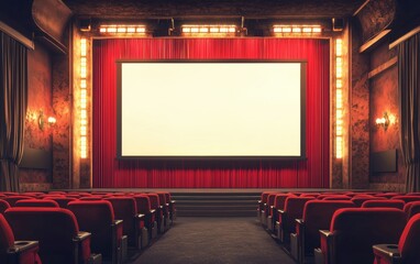 Empty blank advertising panel at theater entrance; digital OOH vertical billboard