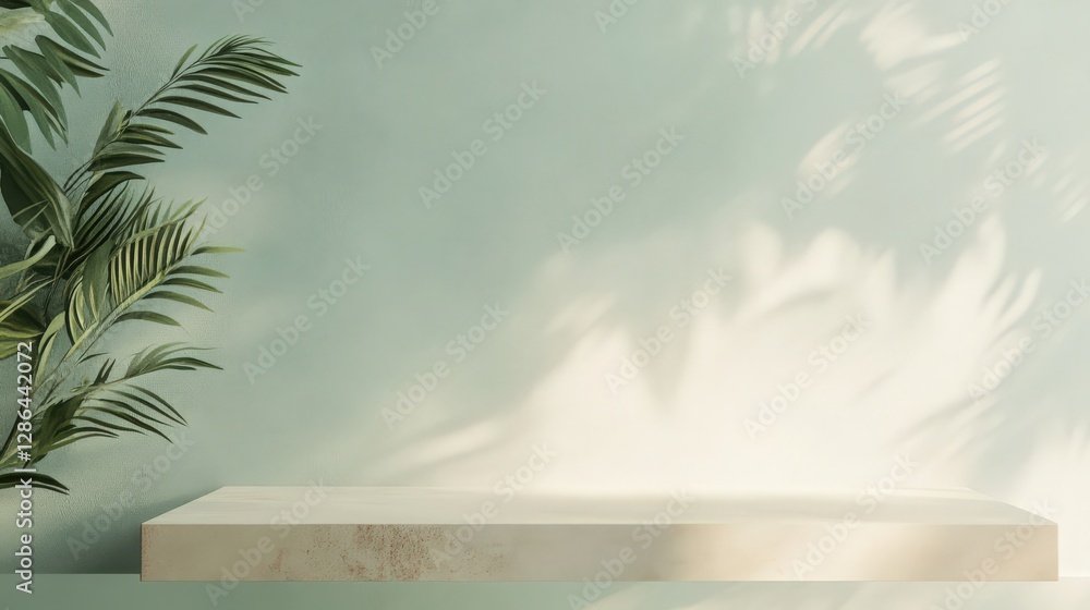 Poster minimalist display platform with tropical leaves and shadow overlay design