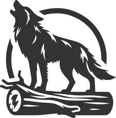 A wolf howling with its front paws placed on a fallen log animal vector silhouette