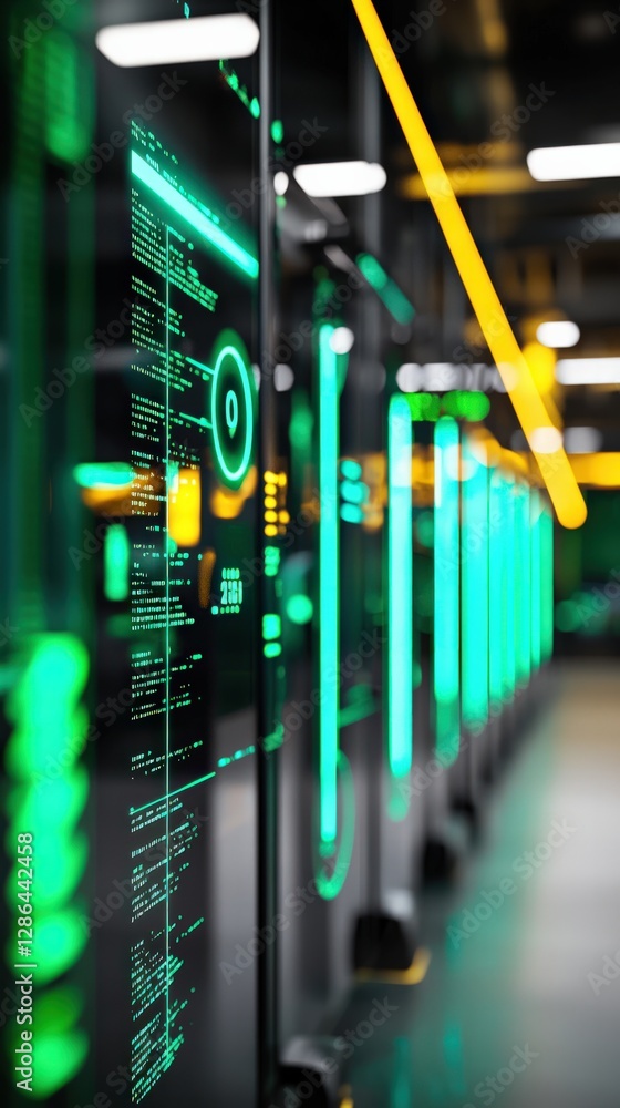 Poster futuristic data monitoring systems with green led lights in modern technology environment