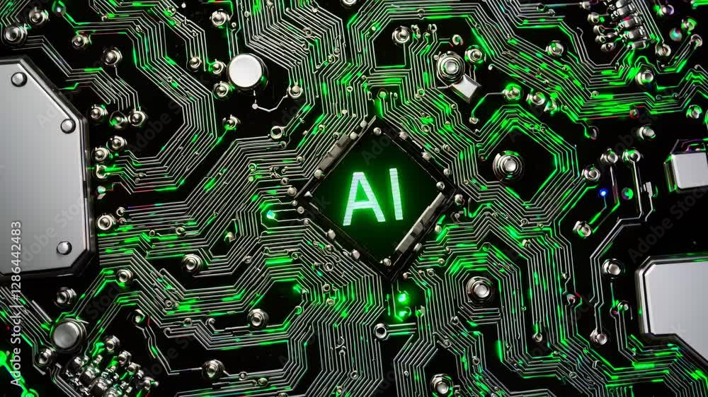 Poster top-down view of a glowing ai circuit board, highlighting intricate patterns and connections, perfec