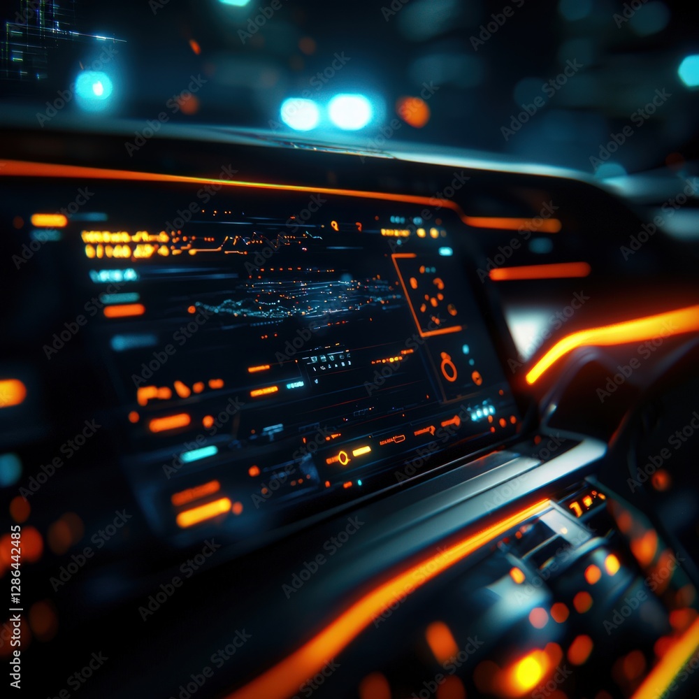 Poster futuristic digital dashboard interface with illuminated displays in a modern vehicle at night