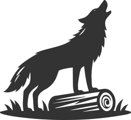 A wolf howling with its front paws placed on a fallen log animal vector silhouette