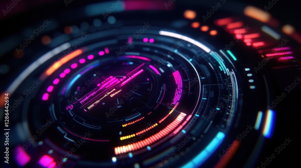 Poster futuristic abstract neon technology interface with vibrant circular patterns and glowing effects