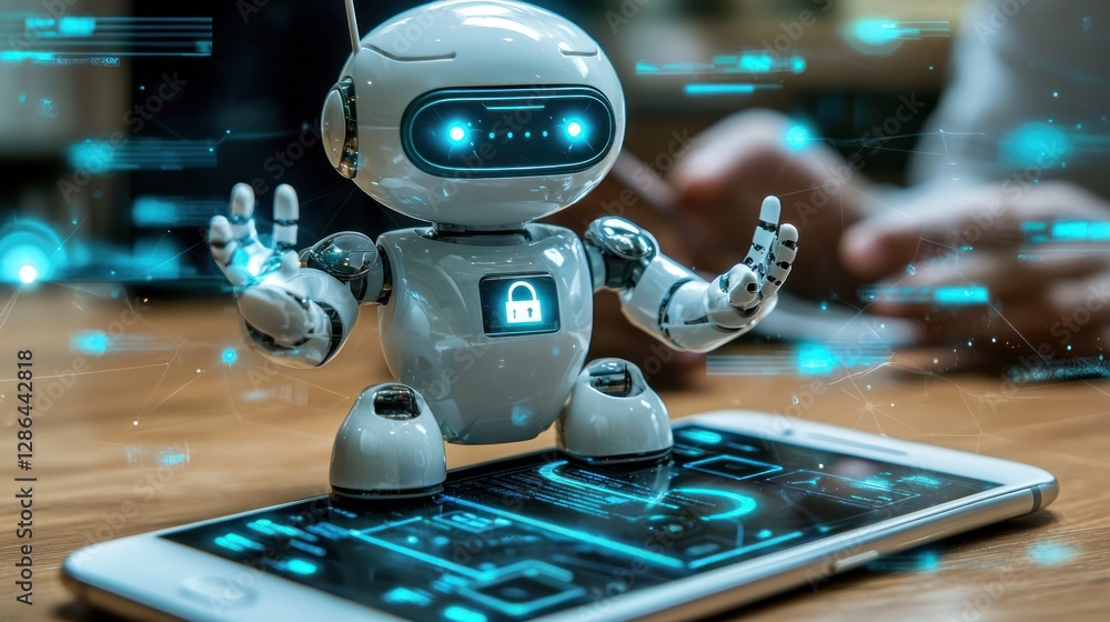 Poster robot on smartphone representing security and technology advancements with glowing details