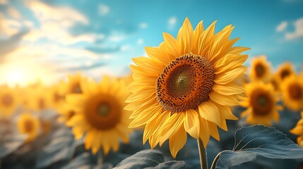 Bright Sunflower Blooming Under a Clear Blue Sky with a Golden Field in the Background Generative Ai.