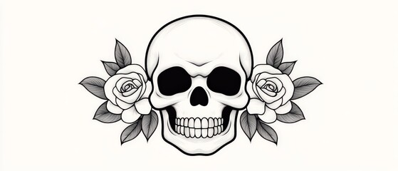 Fototapeta premium Black and white skull with floral elements in ornamental tattoo design combining mortality symbolism with natural beauty in detailed illustration
