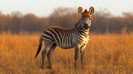Fototapeta premium Young Zebra in Golden Grassland Sunset Wildlife Photography