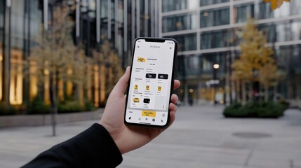 Urban technology interaction concept: hand holding smartphone outdoors for app display or presentation