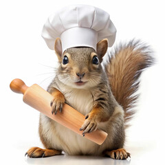 A cute chef squirrel wearing a traditional chefs ha