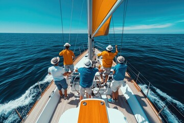 Young friends enjoying a summer adventure on a sailboat, embracing the freedom of the open sea and blue skies