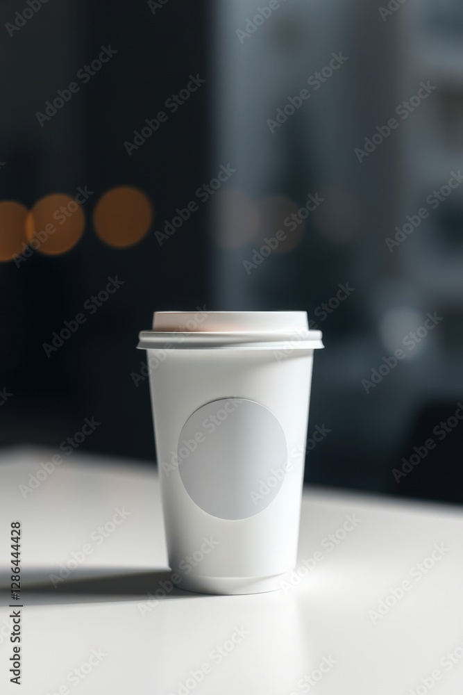 Poster White to-go cup on a white table in front of a blurred background with bokeh effects in the distance.