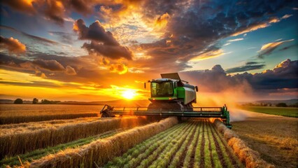 Fototapeta premium Sunset Harvest: Combine Harvester in Golden Field - High-Resolution Photo