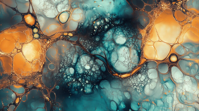 Abstract cell fractals, liquid biomorphs, beautiful and intricate details, dendrites, amber and teal colors, alcohol ink style