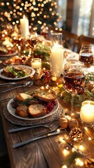 Fototapeta premium Warm candlelit holiday gathering feast in a cozy dining room setting capturing the joyful atmosphere of togetherness