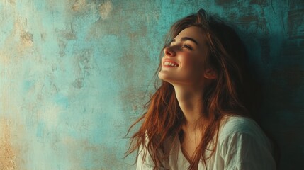 Fototapeta premium Cheerful woman in casual outfit looking away and smiling