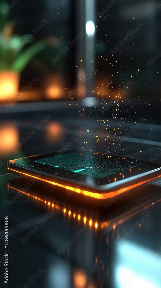Poster illuminated tablet device with sparkling digital particles on a glossy surface