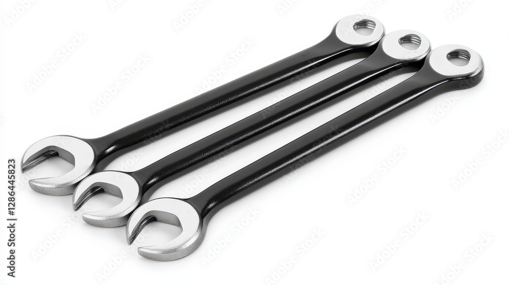 Poster a detailed close-up view of a collection of metal wrenches arranged neatly on a clean white surface,