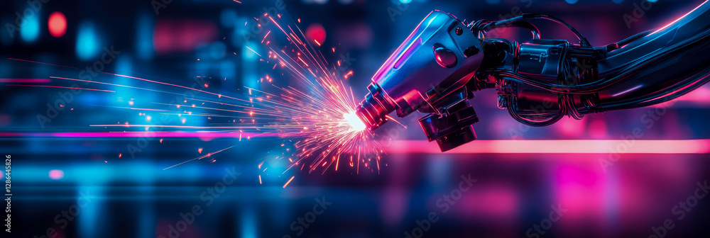Poster cyberpunk robotic arm with welding torch emitting sparks in a futuristic setting