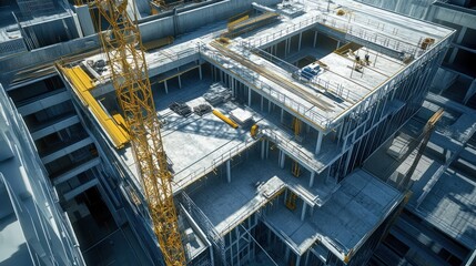 Aerial view of a modern building under construction, showing steel framework, concrete slabs, and construction workers.