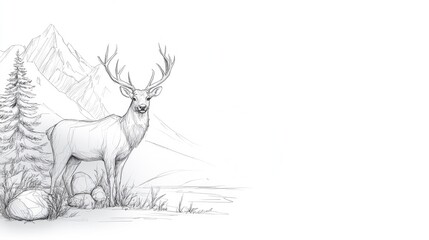 Pencil sketch deer in mountains