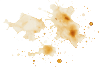 Abstract coffee stains and splashes in various shapes and sizes, creating a textured pattern, isolated on white background