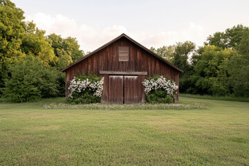 Obraz premium A large, old barn with a white door and a window