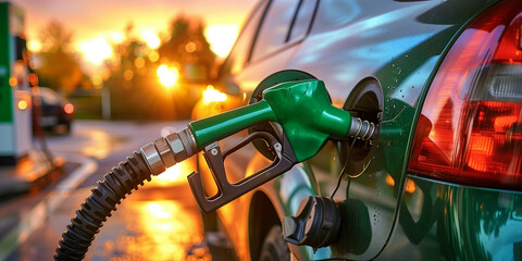 Refueling a green car at a gas station during a picturesque sunset with vibrant skies and warm hues
