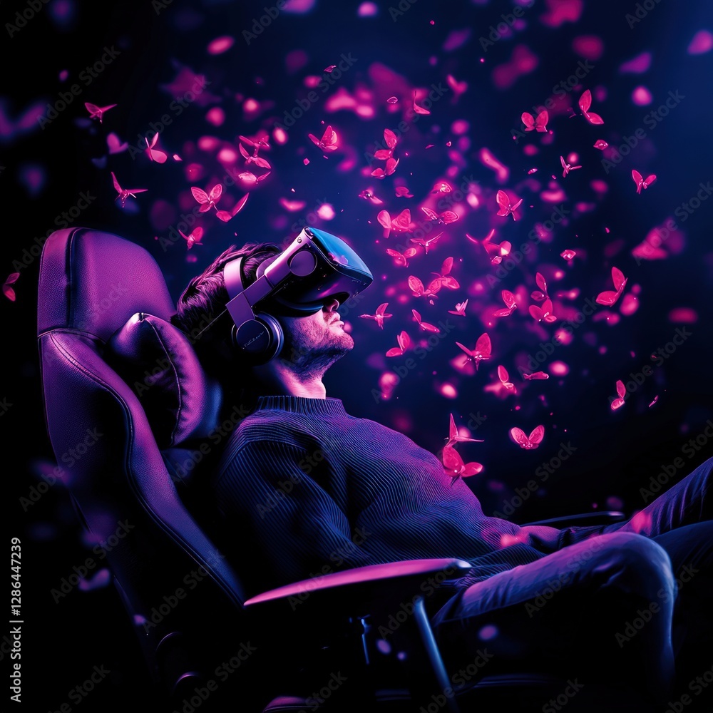 Poster man experiencing virtual reality with colorful butterflies in a dark room